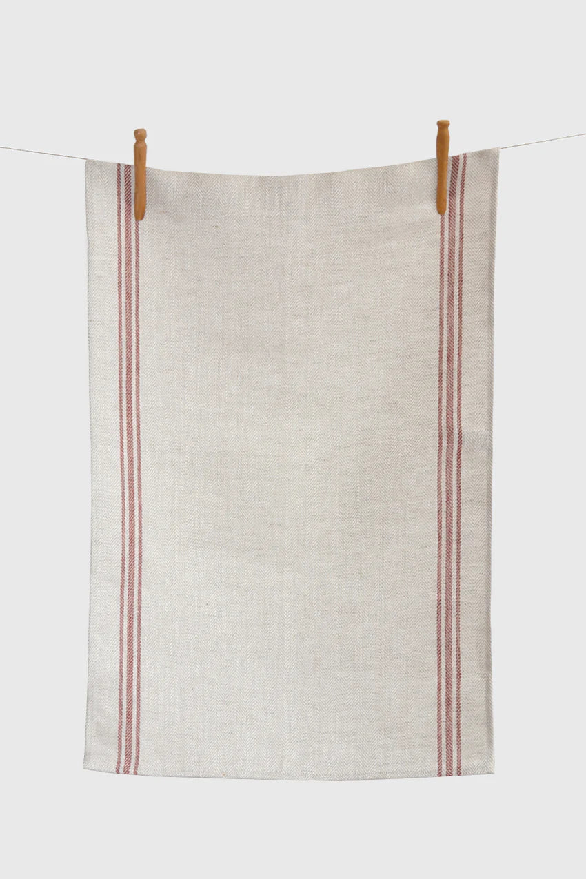 Luke Tea Towels Natural Herringbone with Red Stripes Set of 6